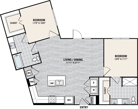 Floor plan for 2 beds, 2 baths, 1118 sqft